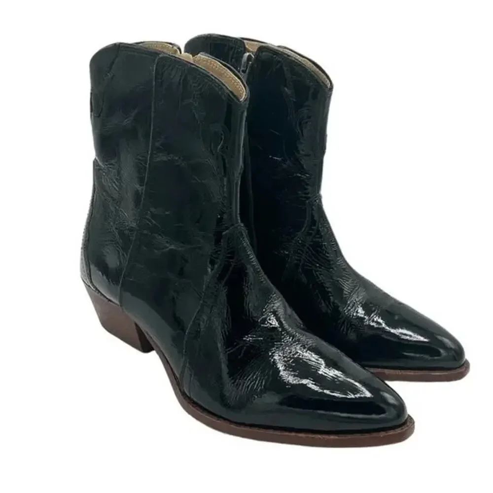 Free People New Frontier Western Boot Ankle Black Patent Leather Side Zip 40 9.5